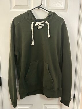 J. America Military Green Sport Lace Up Hoodie Thick White Strings Size Large